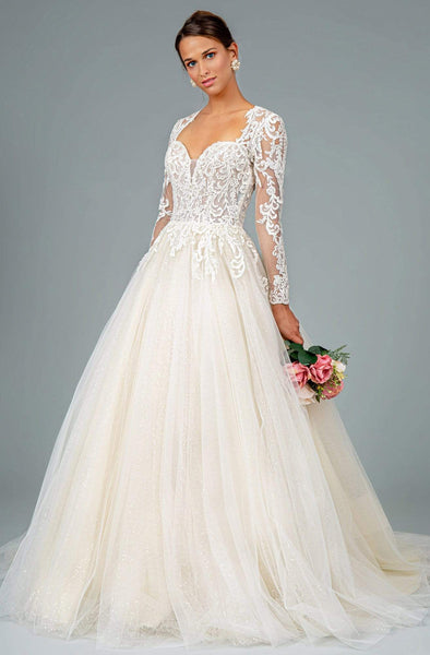 A-line V-neck Plunging Neck Fitted Embroidered Sheer Open-Back Long Sleeves Natural Waistline Wedding Dress