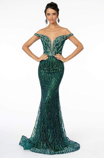 V-neck Off the Shoulder Natural Waistline Beaded Jeweled Illusion Open-Back Back Zipper Glittering Mesh Mermaid Plunging Neck Dress with a Brush/Sweep Train