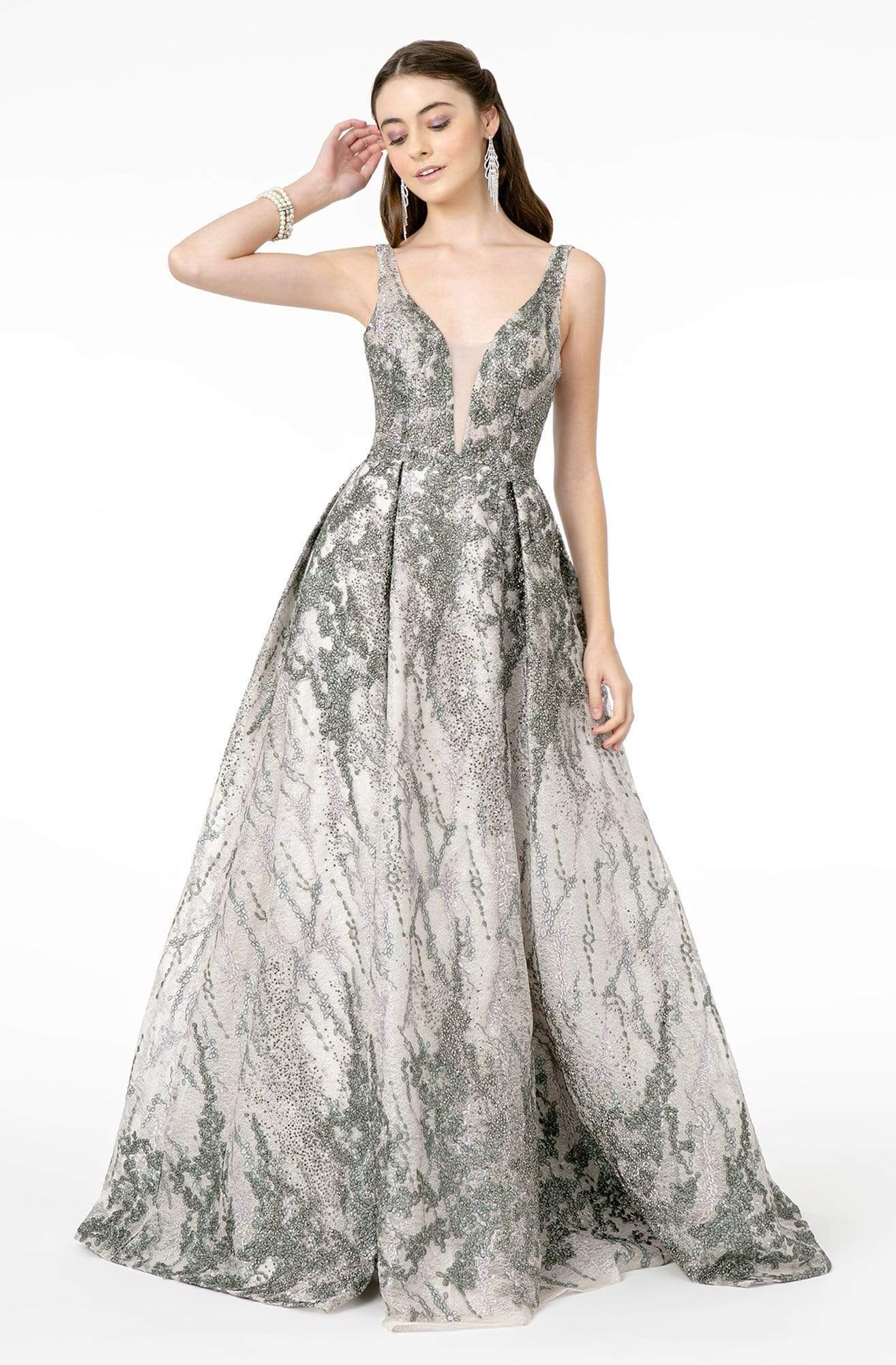 GLS by Gloria - GL1835 Embellished Deep V-Neck Pleated A-Line Dress
