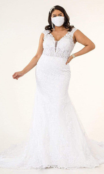 V-neck Lace Mermaid Floor Length Natural Waistline Jeweled Fitted Mesh Open-Back Beaded Sheer Sequined Plunging Neck Wedding Dress with a Cathedral Train