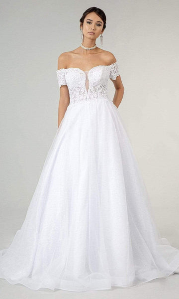 A-line Sequined Pleated Open-Back Fitted Glittering Mesh Sheer Natural Waistline Short Sleeves Sleeves Off the Shoulder Wedding Dress with a Chapel Train