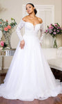 A-line Floor Length Long Sleeves Off the Shoulder Natural Waistline Pleated Lace-Up Sheer Embroidered Beaded Mesh Fitted Sequined Wedding Dress with a Chapel Train