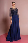 A-line Natural Waistline Floor Length Bateau Neck Sweetheart Fall 3/4 Sleeves Back Zipper Pleated Sequined V Back Illusion Sheer Evening Dress/Mother-of-the-Bride Dress with a Brush/Sweep Train