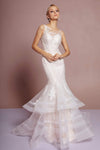 Sleeveless Mermaid Open-Back Fitted Sheer Natural Waistline Bateau Neck Dress with a Brush/Sweep Train