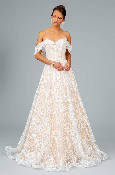 A-line Floor Length Natural Waistline Off the Shoulder Fitted Lace-Up Embroidered Wedding Dress with a Brush/Sweep Train
