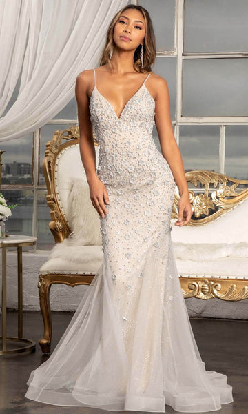 Sexy Sophisticated V-neck Mermaid Natural Waistline Hidden Back Zipper Sequined Beaded Open-Back Mesh Applique Sleeveless Spaghetti Strap Evening Dress/Bridesmaid Dress with a Court Train