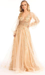 Sexy A-line V-neck Puff Sleeves Sleeves Floor Length Glittering Beaded Open-Back Mesh Sheer Illusion Sequined Flowy Natural Waistline Evening Dress with a Brush/Sweep Train