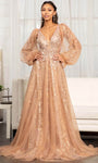 Sexy A-line V-neck Puff Sleeves Sleeves Beaded Glittering Mesh Open-Back Illusion Flowy Sheer Sequined Floor Length Natural Waistline Evening Dress with a Brush/Sweep Train