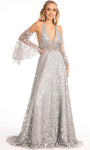 Sexy A-line V-neck Halter Floor Length Empire Waistline Sheer Sleeves Sleeveless Mesh Sequined Glittering Open-Back Evening Dress with a Brush/Sweep Train