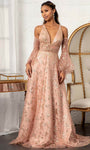 Sexy A-line V-neck Mesh Open-Back Glittering Sequined Sheer Sleeves Sleeveless Halter Empire Waistline Floor Length Evening Dress with a Brush/Sweep Train