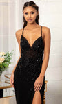 Sexy V-neck Plunging Neck Open-Back Lace-Up Beaded Fitted Sequined Slit Natural Waistline Sheath Sleeveless Spaghetti Strap Sheath Dress/Evening Dress with a Brush/Sweep Train