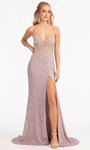Sexy V-neck Lace-Up Sequined Slit Beaded Open-Back Fitted Sheath Natural Waistline Plunging Neck Sleeveless Spaghetti Strap Sheath Dress/Evening Dress with a Brush/Sweep Train
