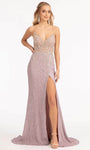 Sexy V-neck Plunging Neck Sleeveless Spaghetti Strap Lace-Up Fitted Open-Back Beaded Slit Sequined Sheath Natural Waistline Sheath Dress/Evening Dress with a Brush/Sweep Train