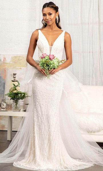 V-neck Sleeveless Natural Waistline Mesh Fitted Jeweled Back Zipper Illusion V Back Applique Flower(s) Sheer Mermaid Wedding Dress