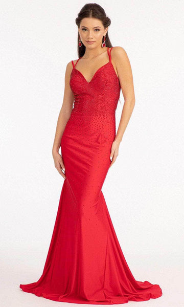 Sweetheart Mermaid Natural Waistline Floor Length Sleeveless Spaghetti Strap Jersey Back Zipper Beaded Open-Back Goddess Fitted Ruched Lace-Up Evening Dress with a Brush/Sweep Train With Rhinestones