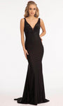 Sexy V-neck Sleeveless Plunging Neck Mermaid Fitted V Back Gathered Open-Back Mesh Beaded Stretchy Back Zipper Natural Waistline Jersey Dress with a Brush/Sweep Train