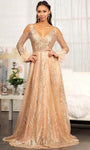 Tall A-line V-neck Natural Waistline V Back Cutout Sequined Back Zipper Glittering Long Sleeves Dress