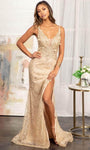 V-neck Plunging Neck Sheath Glittering Back Zipper Sheer Slit Applique Open-Back Natural Waistline Sleeveless Sheath Dress/Evening Dress