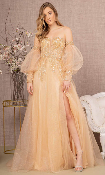 A-line Strapless Bishop Sleeves Corset Natural Waistline Glittering Beaded Slit Sequined Lace-Up Mesh Sheer Sweetheart Prom Dress with a Brush/Sweep Train