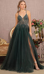 A-line V-neck Sleeveless Back Zipper Beaded Sequined Sheer Fitted Slit Mesh Sweetheart Tulle Corset Natural Waistline Prom Dress