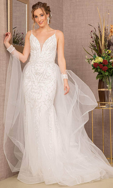 V-neck Floor Length Tulle Natural Waistline Mesh Sheer Applique Open-Back Back Zipper Beaded Mermaid Sleeveless Wedding Dress with a Brush/Sweep Train With a Sash