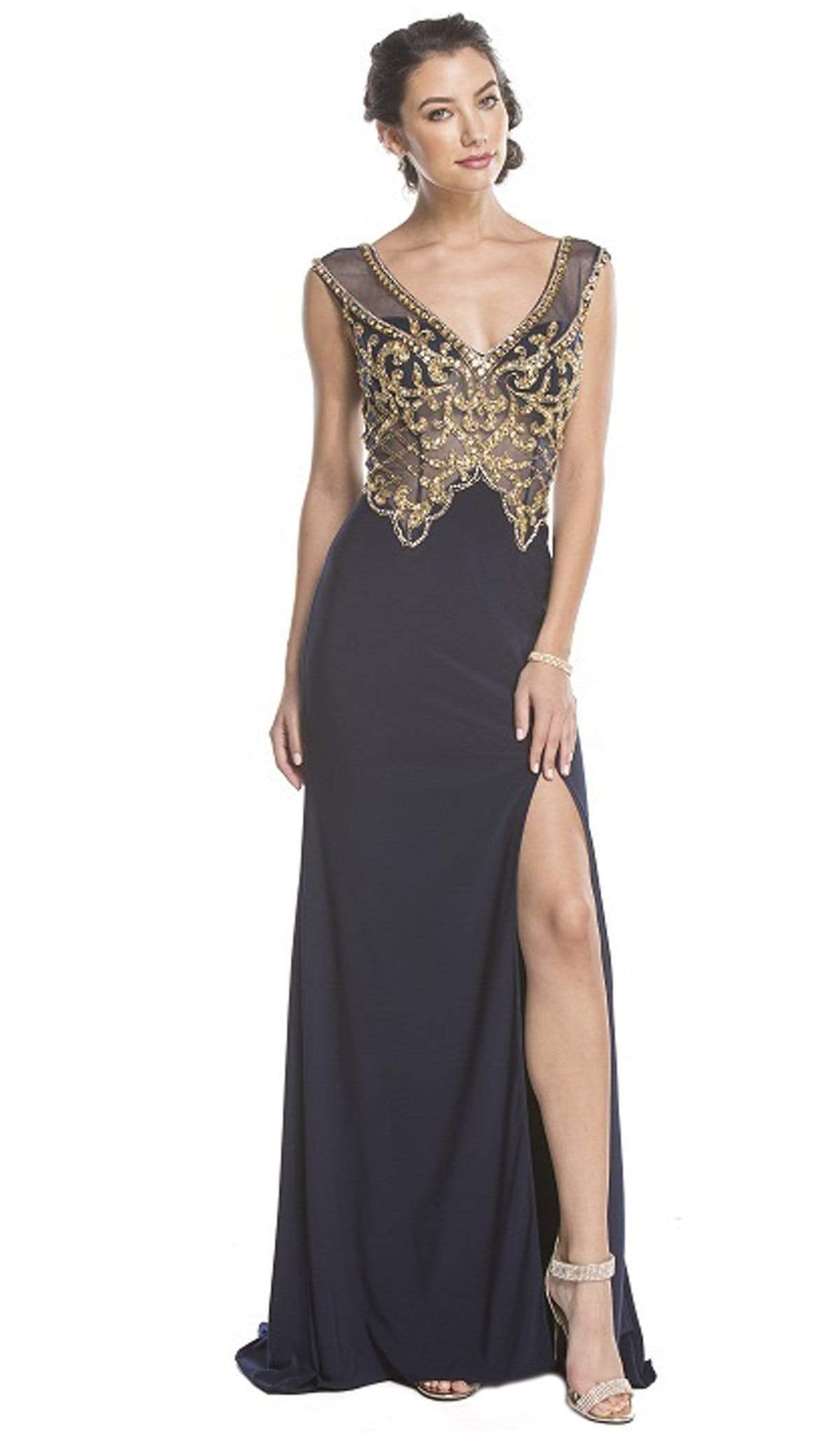 Aspeed Design - Gold Embellished Evening Dress with Slit
