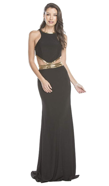 Sophisticated Halter Sleeveless Sheath Floor Length Natural Waistline Racerback Fitted Open-Back Sheath Dress/Prom Dress with a Brush/Sweep Train
