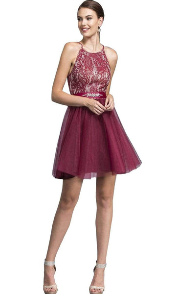 A-line Back Zipper Crystal Beaded Halter Natural Waistline Cocktail Short Homecoming Dress/Party Dress With a Ribbon and a Sash
