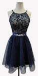 A-line Crystal Beaded Back Zipper Halter Natural Waistline Cocktail Short Homecoming Dress/Party Dress With a Ribbon and a Sash