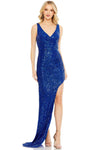 V-neck Sheath Ruched Fitted Slit Faux Wrap Sequined V Back Natural Waistline Sleeveless Sheath Dress with a Brush/Sweep Train