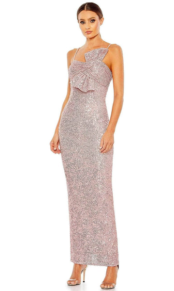 Sexy Sophisticated Polyester Wrap Ruched Back Zipper Sequined Slit Mesh Sleeveless Straight Neck Floor Length Sheath Natural Waistline Sheath Dress With a Bow(s)