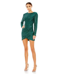 Sequined Back Zipper Draped Ruched Cutout Fitted Jeweled Neck Sheath Cocktail Above the Knee Long Sleeves Natural Waistline Sheath Dress