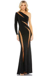 Sophisticated Floor Length Jersey Long Sleeves One Shoulder Sheath Natural Waistline Fitted Mesh Sheer Asymmetric Sheath Dress with a Brush/Sweep Train