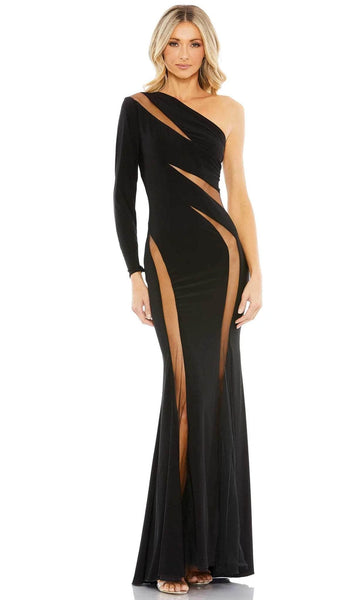 Sophisticated Sheath Natural Waistline Jersey Long Sleeves One Shoulder Floor Length Fitted Sheer Asymmetric Mesh Sheath Dress with a Brush/Sweep Train
