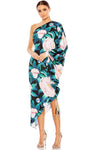 Natural Waistline Cocktail High-Low-Hem Tea Length Charmeuse Long Sleeves Asymmetric Draped Ruched Back Zipper Sheath Floral Print Sheath Dress