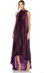 A-line Sleeveless Natural Waistline Halter Floor Length High-Low-Hem Pleated Accordion Evening Dress With a Ribbon