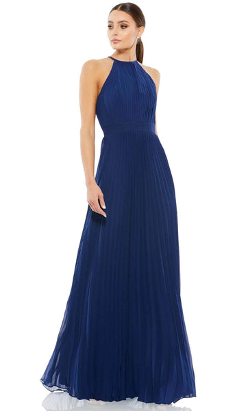 A-line Racerback Fitted Pleated Back Zipper Fit-and-Flare Natural Waistline Halter Chiffon Floor Length Sleeveless Evening Dress with a Brush/Sweep Train