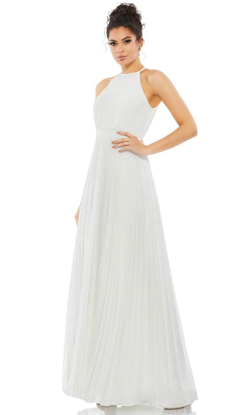 A-line Halter Fit-and-Flare Floor Length Sleeveless Fitted Back Zipper Pleated Racerback Natural Waistline Chiffon Evening Dress with a Brush/Sweep Train