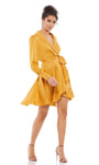 A-line V-neck Ruffle Trim Natural Tie Waist Waistline Collared Wrap Long Sleeves High-Low-Hem Short Satin Dress