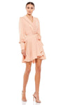 A-line V-neck Natural Tie Waist Waistline Satin Collared Long Sleeves Wrap Ruffle Trim High-Low-Hem Short Dress