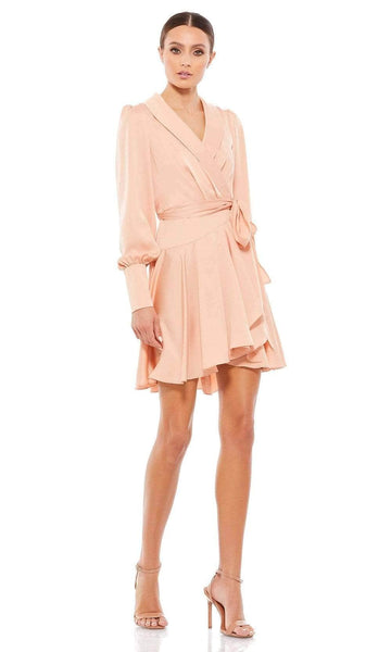 A-line V-neck Ruffle Trim Collared Long Sleeves Satin Natural Tie Waist Waistline Wrap High-Low-Hem Short Dress