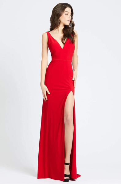 Sophisticated V-neck Back Zipper Slit Open-Back Sheath Sleeveless Plunging Neck Natural Waistline Sheath Dress with a Brush/Sweep Train