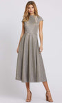 Tall Sophisticated A-line Back Zipper Glittering Natural Waistline High-Neck Tea Length Cap Sleeves Metallic Dress