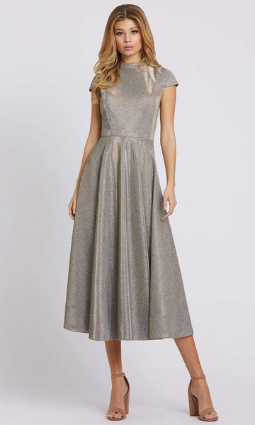 Tall Sophisticated A-line Glittering Back Zipper Tea Length Natural Waistline Cap Sleeves High-Neck Metallic Dress