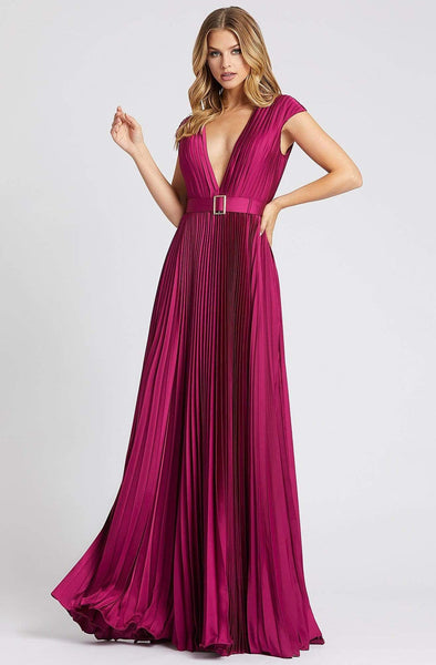 Sophisticated A-line V-neck Plunging Neck Cap Sleeves Belted Back Zipper Flowy Pleated Accordion Natural Waistline Floor Length Short Prom Dress