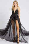 Sexy A-line V-neck Natural Waistline Spaghetti Strap Plunging Neck Satin Sequined Sheer Illusion Slit Back Zipper Open-Back Bodysuit with a Brush/Sweep Train