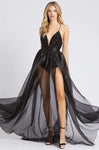 Sexy A-line V-neck Satin Plunging Neck Spaghetti Strap Illusion Sheer Back Zipper Open-Back Sequined Slit Natural Waistline Bodysuit with a Brush/Sweep Train