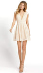 A-line V-neck Gathered Sequined Natural Waistline Short Cap Sleeves Sleeveless Plunging Neck Party Dress