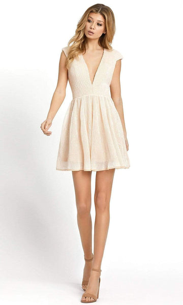 A-line V-neck Short Natural Waistline Cap Sleeves Sleeveless Plunging Neck Sequined Gathered Party Dress