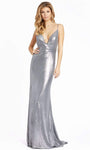 Tall V-neck Natural Waistline Floor Length Plunging Neck Sleeveless Spaghetti Strap Metallic Sheath Open-Back Hidden Back Zipper Sheath Dress/Evening Dress/Prom Dress with a Brush/Sweep Train